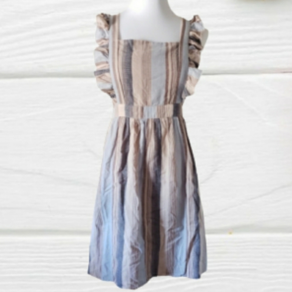 PIPER AND SCOOT Beige Blue Stripe Ruffle Apron Criss Cross Back Dress Small